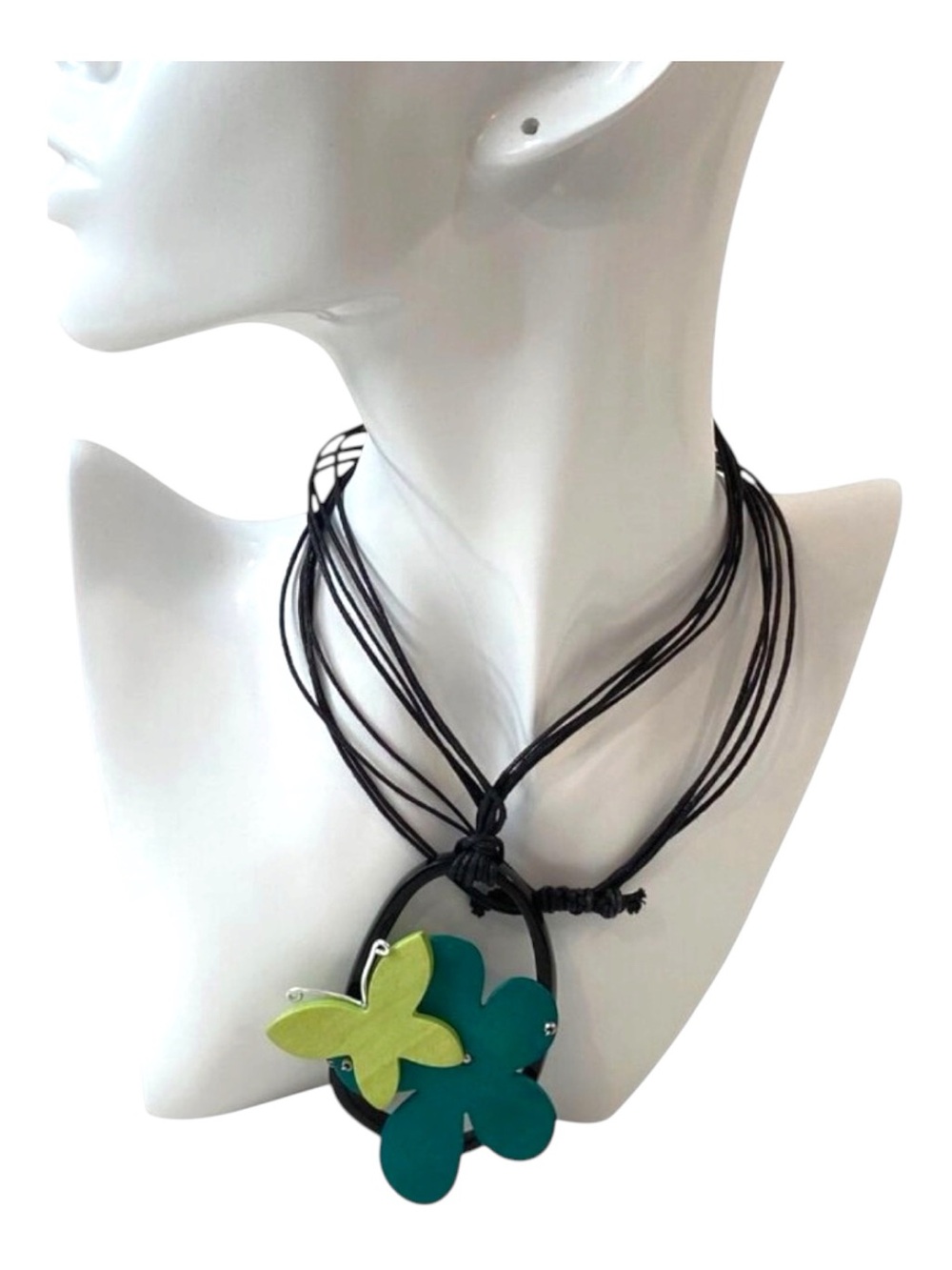 Black Multistrand Necklace With wood Green Butterfly & Teal Flower Pendant